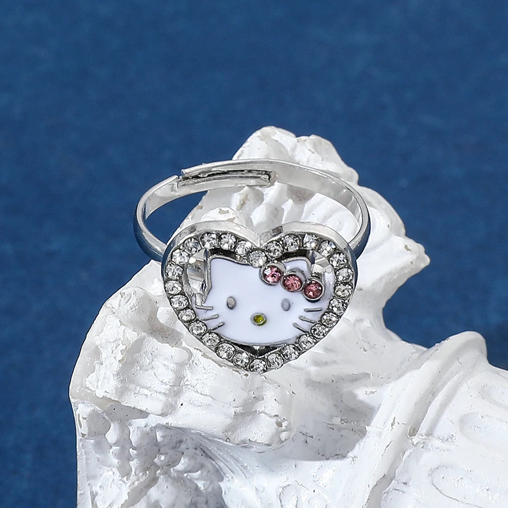 Anime Sanrio Hello Kitty Rings Heart  Shape Rhinestone Open Adjustable Cute KT Cat Ring Accessories Fashion Jewelry Gifts