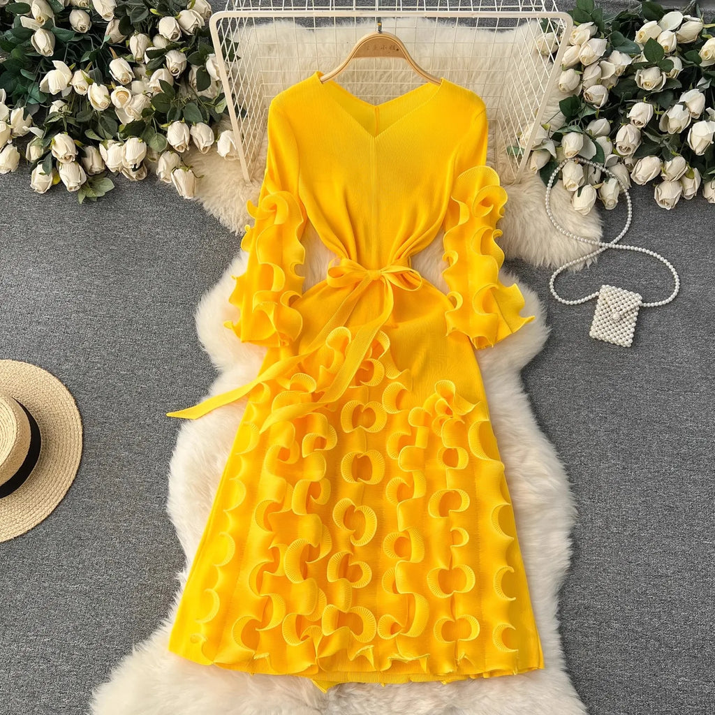 Summer Holiday 3D Ruffled Edge Draped Pleated Dress Women's V Neck Solid Color Oversized High Sretch Lace Up Party Vestidos