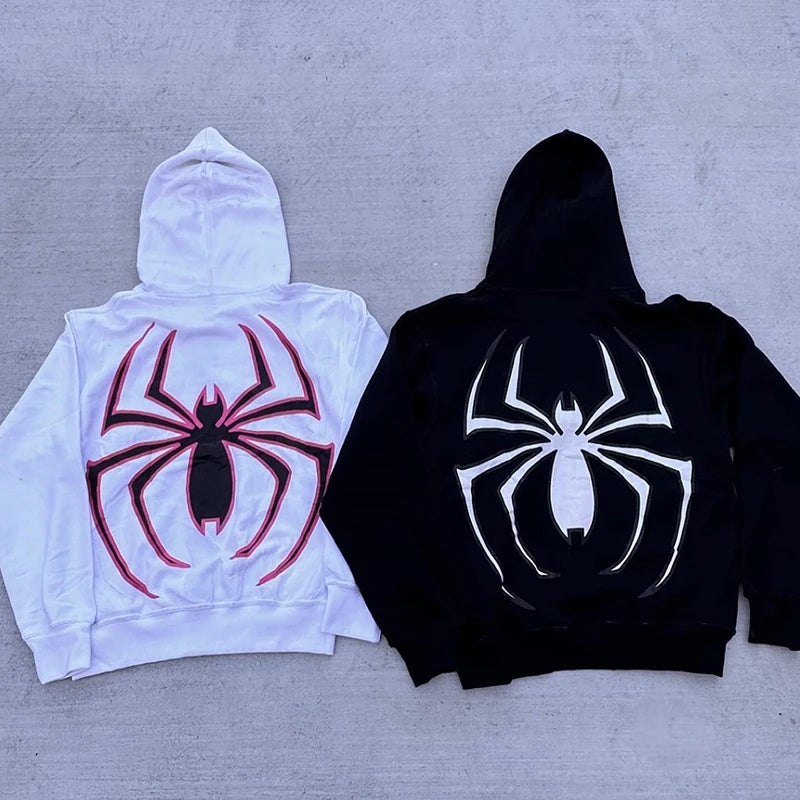 Embroideried Spider Full Zip Up Hoodies Women Men Long Sleeve Loose Jacket Hood Shirt Harajuku Hip Hop Streetwear Y2K Sweatshirt