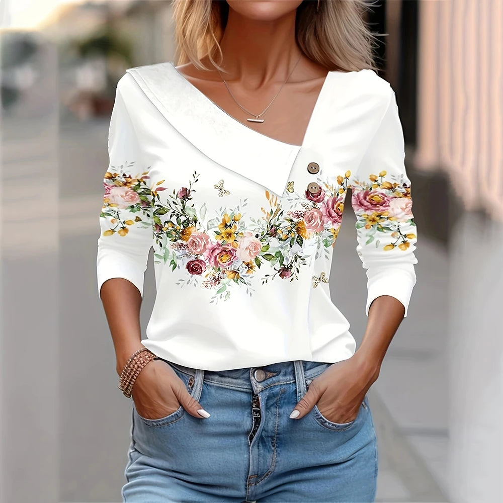 T Shirt For Women Fashion Long Sleeve Top White Floral Print Shirts And Blouses Autumn Winter Clothes For Women 2024