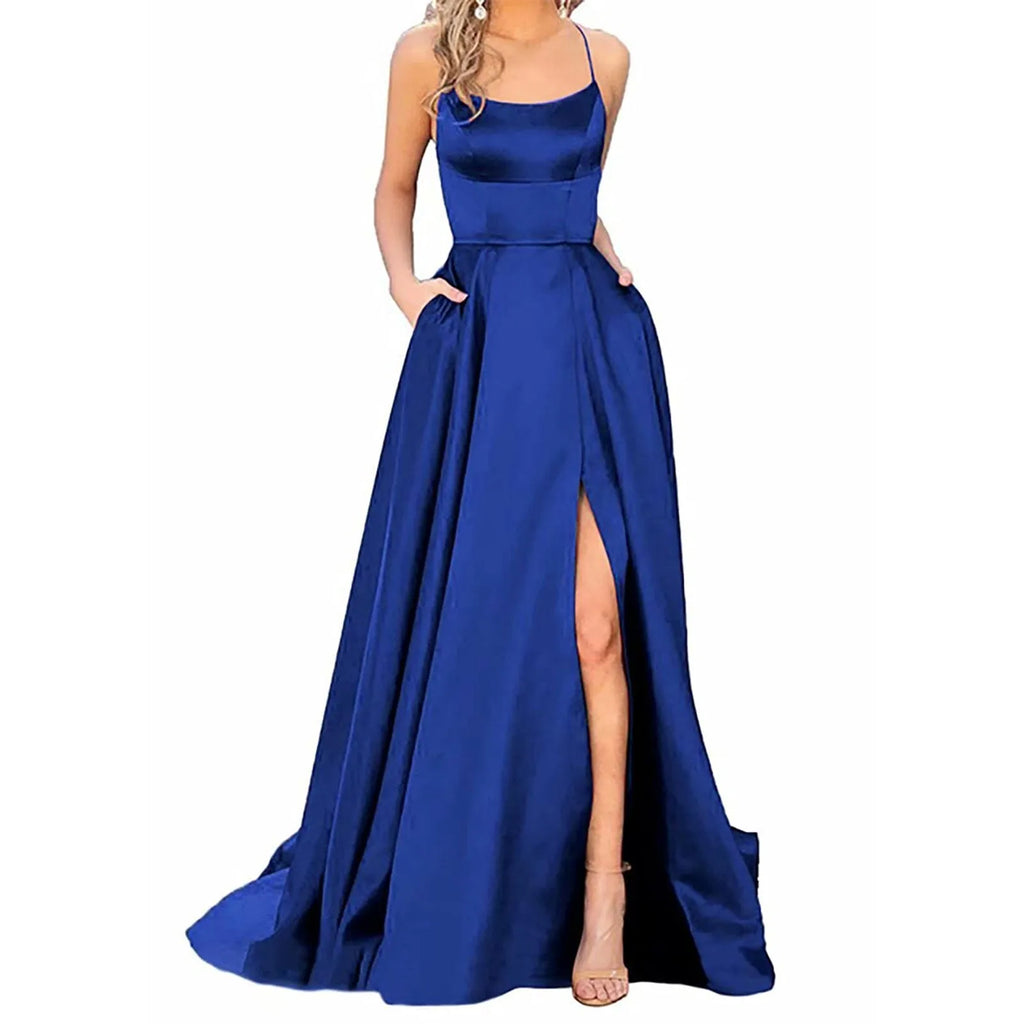 Sexy Backless Long Evening Prom Dress Purple Side Slipt Maxi Dress Women A Line Spaghetti Straps Satin Prom Gowns Formal Vestido