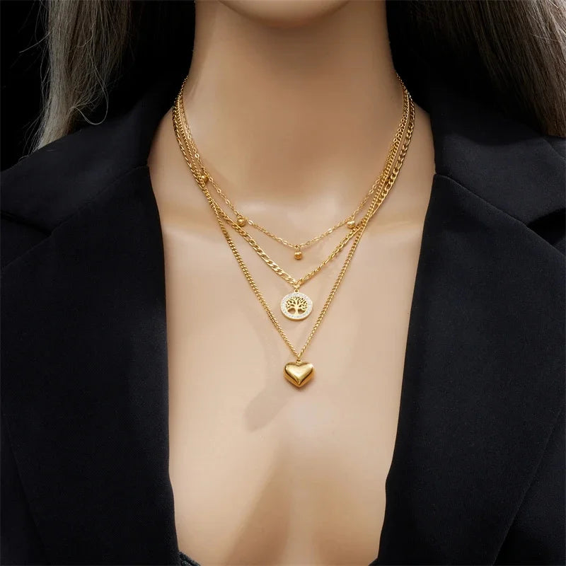 3PCS Set Heart Tree Pendant Necklace Bracelet Earring Set Gold Plating Big Heart Pendant Lucky Tree Crystal Jewelry Set