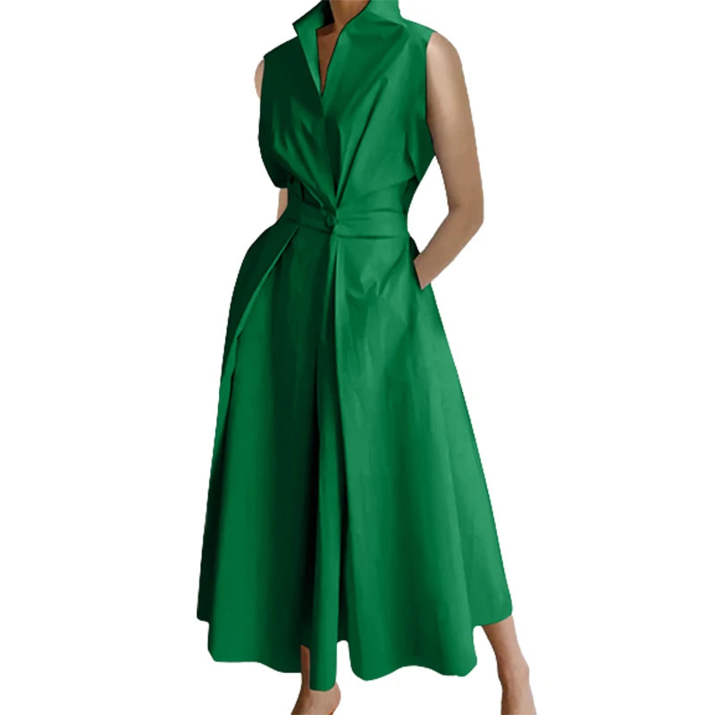 Freeacy Adult Female New Solid Color Lapel Collar Sleeveless A-Line Dress 2024 Summer Women's Stylish Casual Midi Dresses