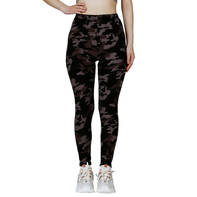 PD112 Camo Light Coffee Printed White Gray WOMEN'S Casual Sports Leggings with High Elasticity, Slim Fit, and Tight Cropped Pant