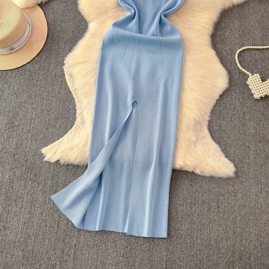 sweet Sleeveless Backless Solid Knit Split Slip Dress Chic Elastic Slim Fashion Party Women Elegant Wrap Pencil dresses