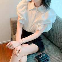 Load image into Gallery viewer, Korean Vintage Puff Sleeve Women Summer Chic Black Fashion Blouse Design Office Lady Tops Harajuku Casual White Tops