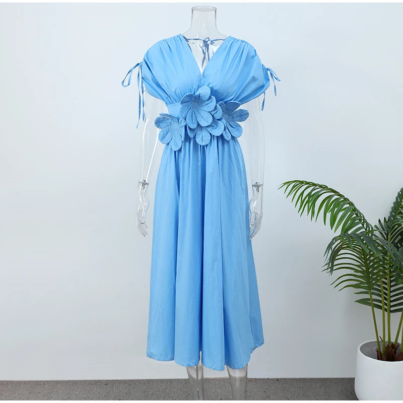 Elegant Blue Women Summer Long Dresses Chic V-neck Waist 3d Flower Embellishment Party Dress Casual Ladies Highstreet Robes