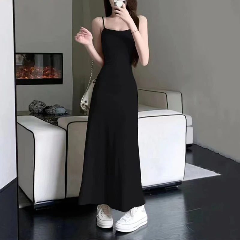 Spaghetti Strap Dresses Women Retro Sexy Slim Simple Daily Streetwear Ulzzang Midi Trendy Pure Vestidos Summer Ladies Sleeveless