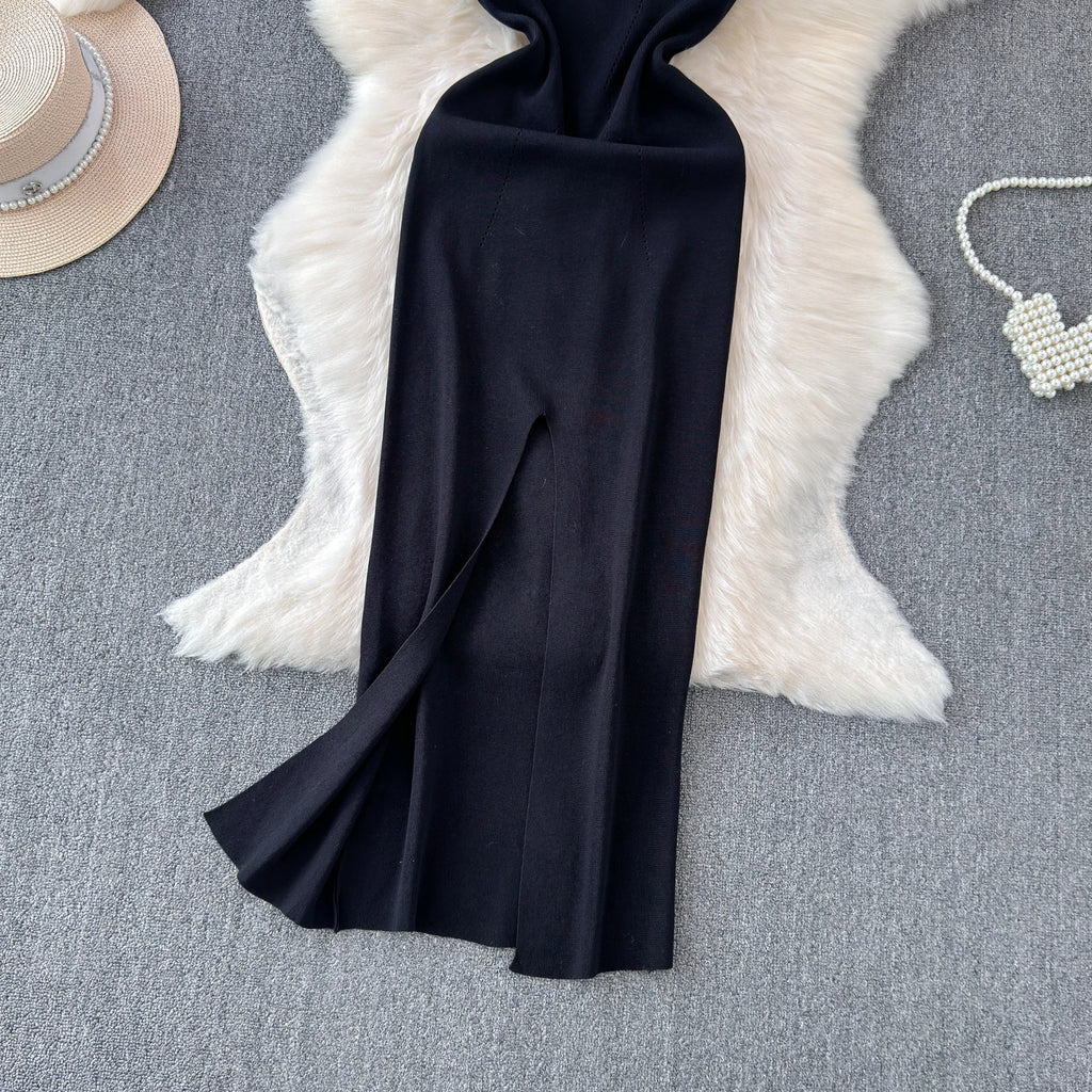 sweet Sleeveless Backless Solid Knit Split Slip Dress Chic Elastic Slim Fashion Party Women Elegant Wrap Pencil dresses