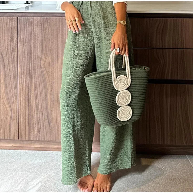 Casual Green Print Shirts Set Women Loose Single Breasted Blouses Pleated Drawstring Wide Leg Pants 2024 Summer Lady Outfit