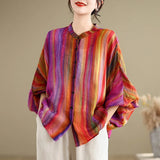 Women Long Sleeve Casual Shirt New Arrival 2024 Spring Vintage Style Colorful Striped Loose Comfortabel Female Tops Shirts B3626