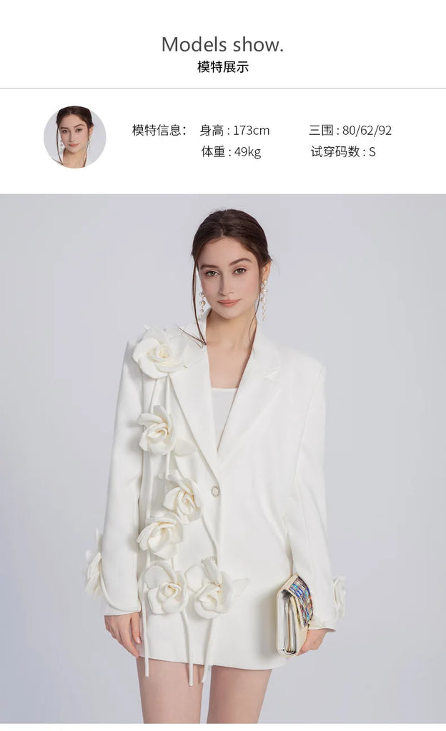 SHENGPALAE Three-d Flower Spliced Blazers For Women Niche Design Solid Color Versatile Suit Jacket Spring 2024 New Trendy 5R8937