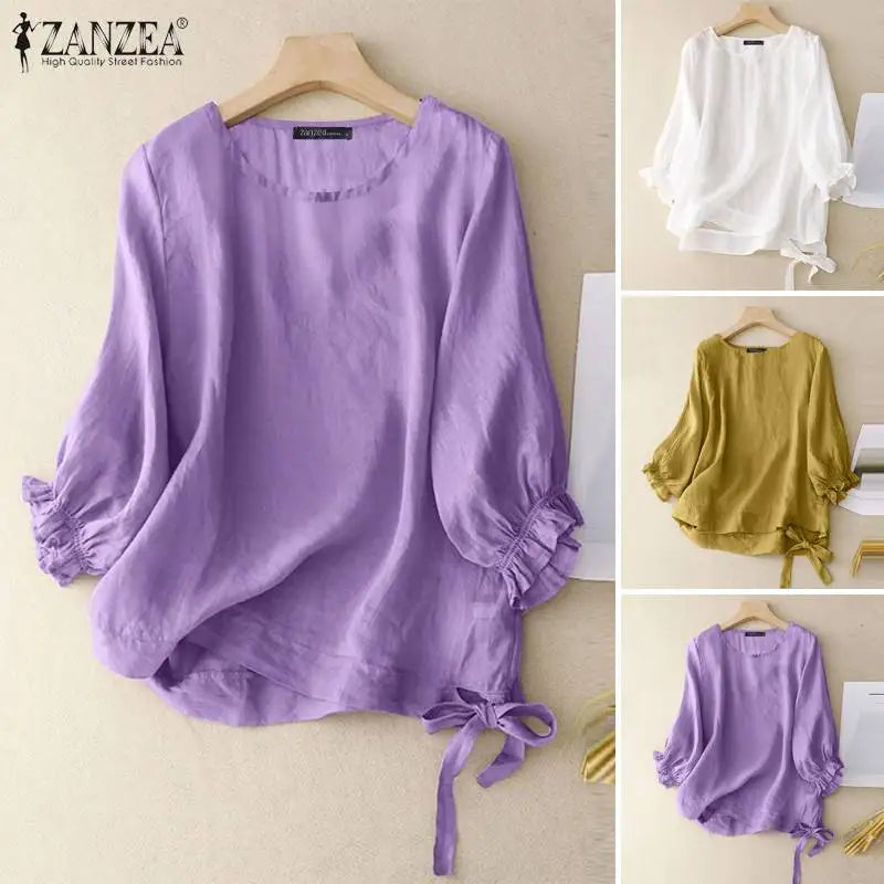 Summer Elegant Blouse ZANZEA Women Fashion Shirt Vintage O Neck 3/4 Sleeve Blusas Tops Causal Chemise Holiday Work Tops Femme