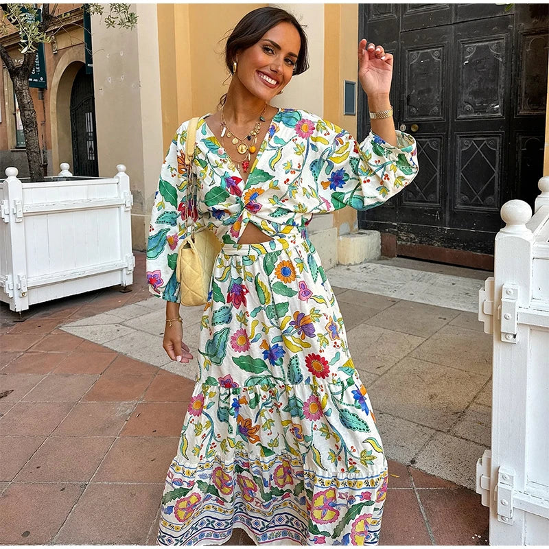 Flower Printed Hollow Out Women's Maxi Dresses Elegant V Neck Long Sleeves Lady Dress 2024 New Summer Vacation Beach Party Robes