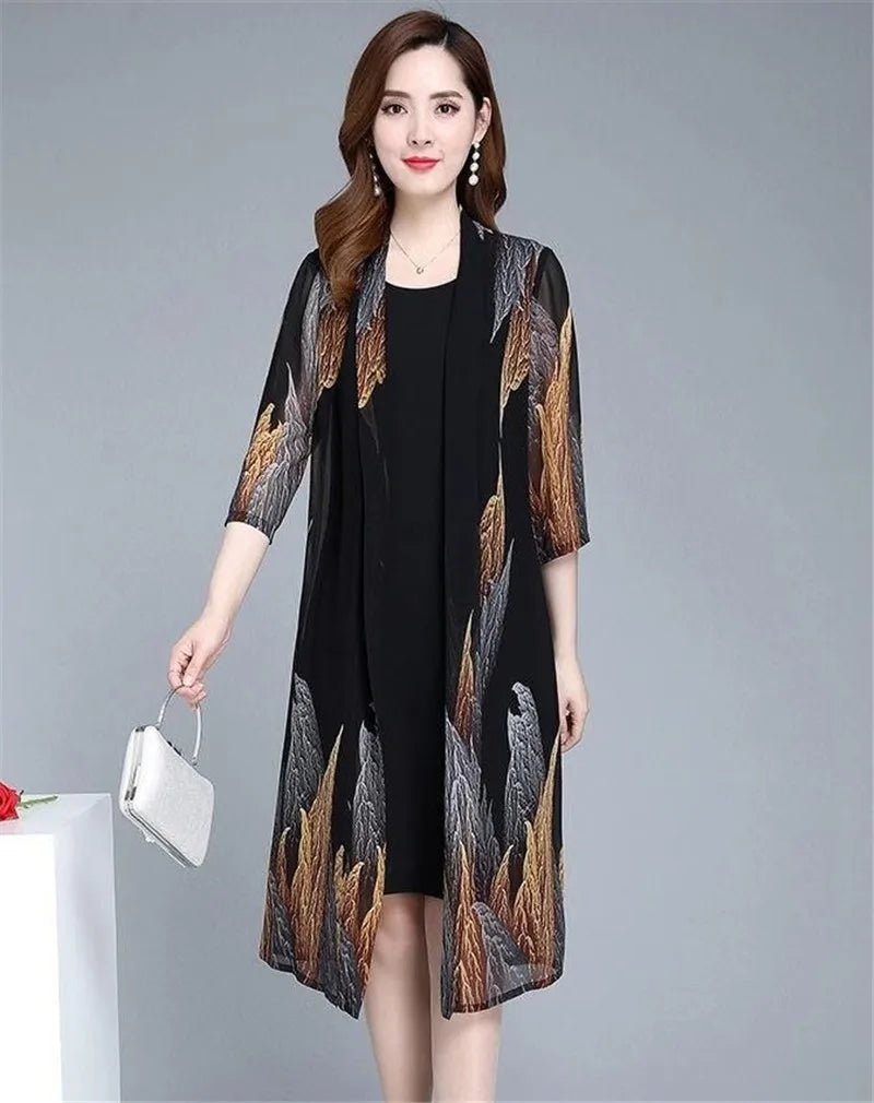 Women Chiffon Dress Set  Summer 2 Piece Set Fashion Sunscreen Cardigan Jacket Mother Elegant Lace Dress Suit Noble Femme 4XL