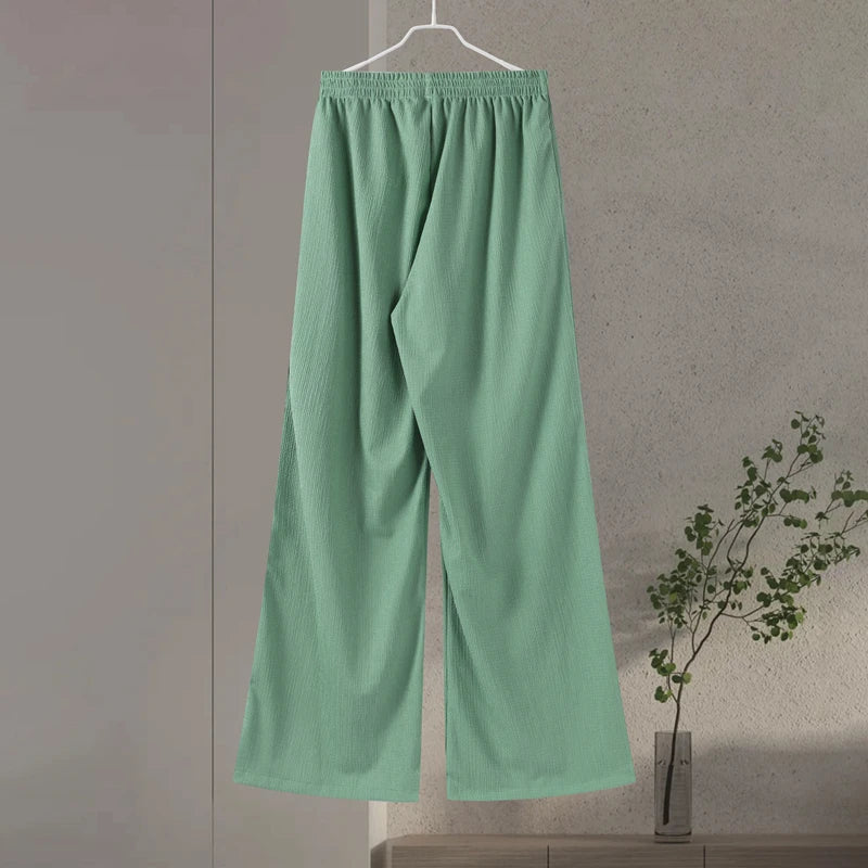 Casual Green Print Shirts Set Women Loose Single Breasted Blouses Pleated Drawstring Wide Leg Pants 2024 Summer Lady Outfit