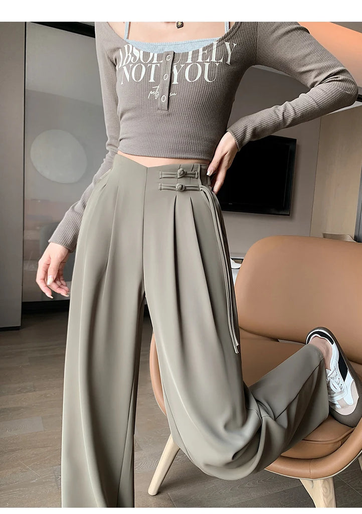 High Waist Buttons Suit Wide Leg Women's Full Pants 2024 New Spring Summer Female Elegant Minimalism Straight Loose Trousers