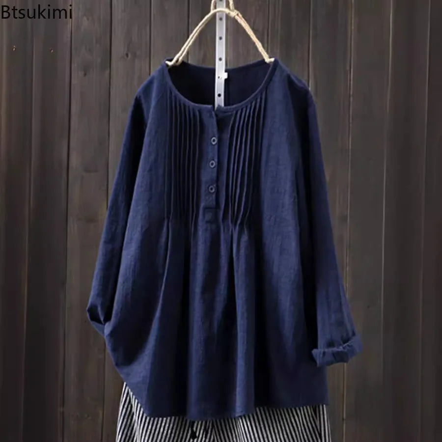 2024 Korean Style Temperament Blouse for Women Fashion O-neck Pleated Long-sleeved Casual Shirts Females Loose Cotton Linen Tops