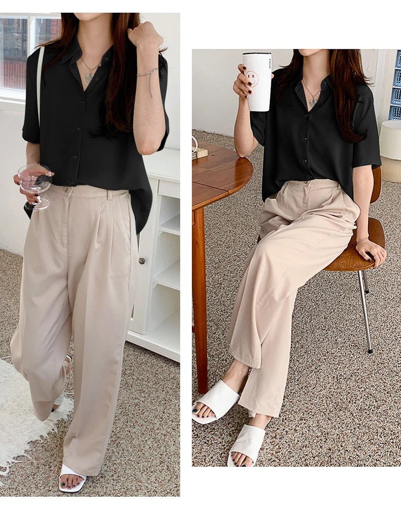 New Women'S Summer Lapel Short Sleeved Slimming Casual Versatile Shirt Female Comfortable Thin Fashionable Professional Top