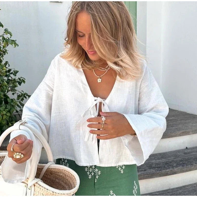 Cotton Linen Lace Up Shirts Women Solid Hollow Out V Neck Long Sleeve Loose Tops Female 2024 Spring Summer Streetwear Lady Top