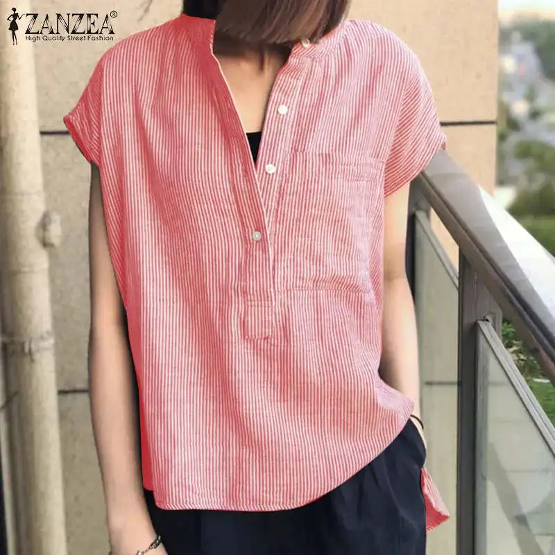 ZANZEA Women O Neck Short Sleeve Blouse Striped Printed Shirt Button Bohemian Casual Summer Tops Loose Work Blusas Femme Chemise