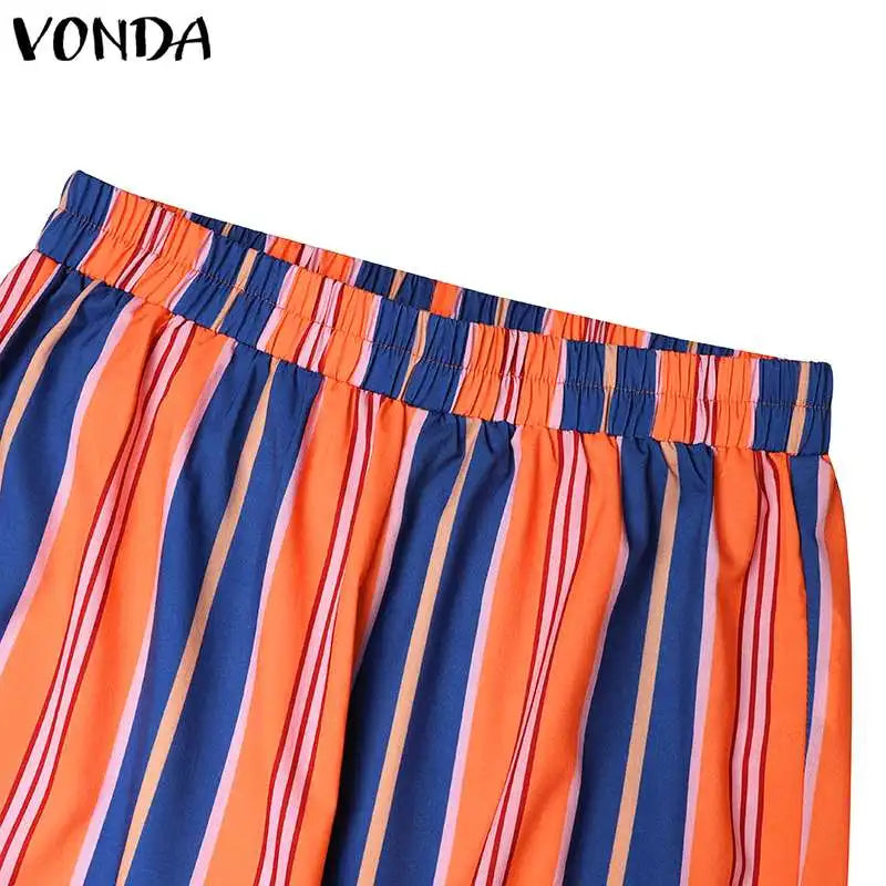 VONDA Bohemian Vintage Women Striped Pants Sets 2024 Summer Half Sleeve Casual Loose Tops and Pants Matching Sets Oversize 2PCS