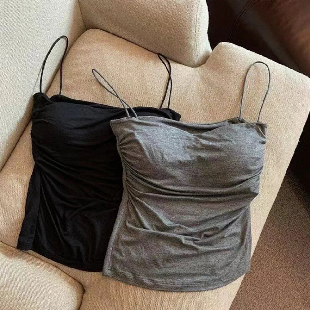 Summer Camisoles Tank Tops Women With Built In Bra Spaghetti Strap Tanks Vest Sleeveless Tees Cropped Top Solid Color Casual Top