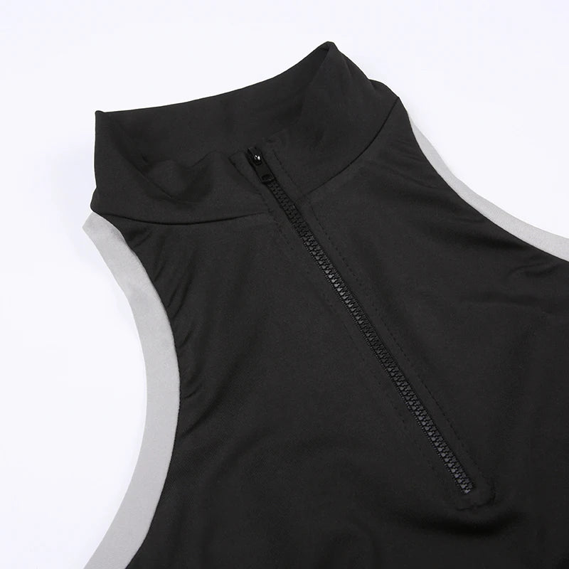 CIBBAR Sexy Backless Hollow Out Crop Top Zip Up Turtleneck Sleeveless Patchwork Tank Tops Women Korean Fashion Hip Hop Vest Chic