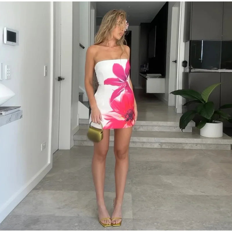 Women Print Off Shoulder Backless Mini Dress Elegant Strapless Sleeveless High Waist Vestidos Chic Female Night Club Party Robes