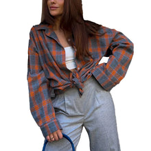 Load image into Gallery viewer, Oversized Plaid Shirt Women Vintage Autumn Jacket Tops Loose Blouse with Long Sleeve Check Pattern and Button Down