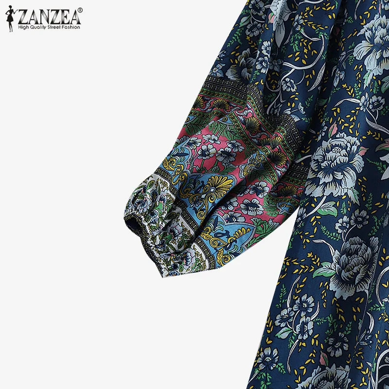 ZANZEA V-Neck Short Sleeve Floral Printed Sundress Women Summer Bohemian Dress Vintage Loose Elegant Casual Holiday Beach Robe