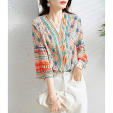 Load image into Gallery viewer, Woman Summer Vintage Style Chiffon Blouses Tops Lady Casual Hafl Flare Sleeve V-Neck Printed Blusas Tops ZZ1326