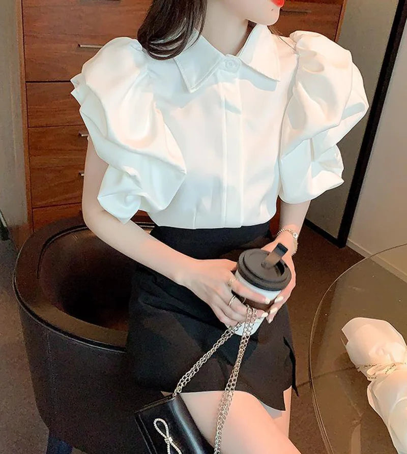 Korean Vintage Puff Sleeve Women Summer Chic Black Fashion Blouse Design Office Lady Tops Harajuku Casual White Tops