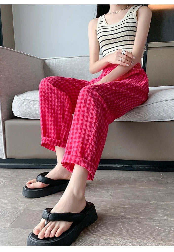 New Women's Checkered Cotton Hemp High Waist Casual Haren Pants Summer Korean Fashion Loose Women Seven Split Wide Leg Pants