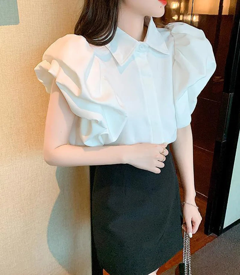 Korean Vintage Puff Sleeve Women Summer Chic Black Fashion Blouse Design Office Lady Tops Harajuku Casual White Tops