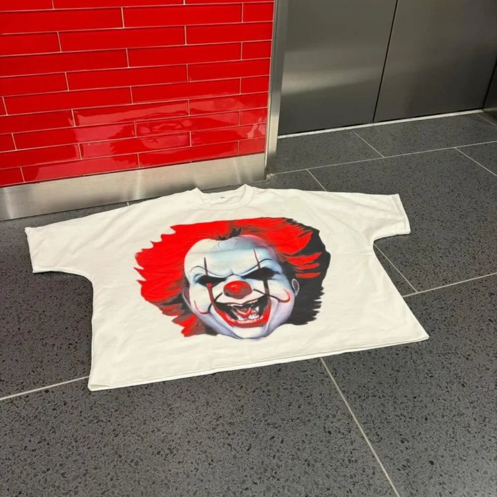 Streetwear Drop Sleeves T Shirt Men Women Harajuku Hip Hop Clown Cartoon Graphic Print Oversized Cotton T Shirt Punk Gothic Tops