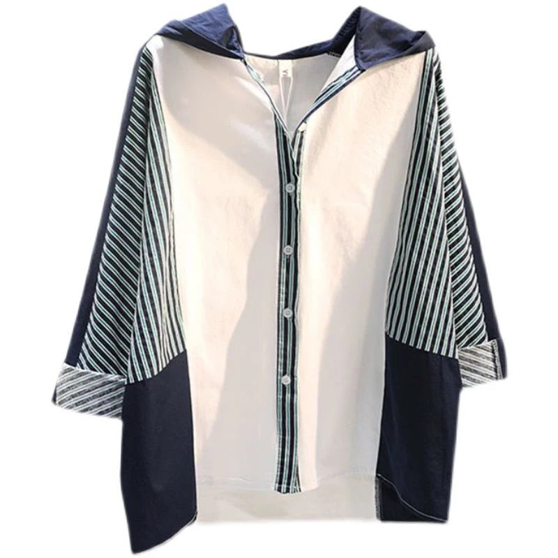 Spring Autumn Korean Style Striped Patchwork Hooded Blouse Ladies Long Sleeve Loose Casual Cardigan Shirt Women All-match Blusa