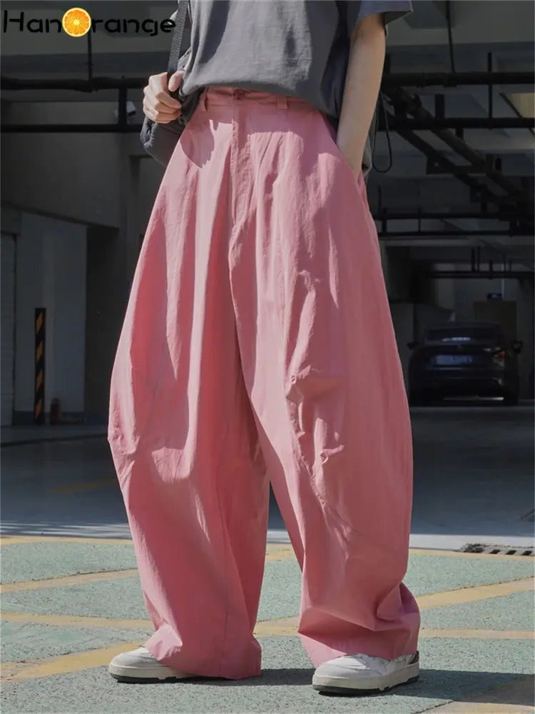 HanOrange 2024 Summer Air Feeling Neutral Arc Wide Leg Pants Women Loose Casual Trousers Female White/Military Green/Pink