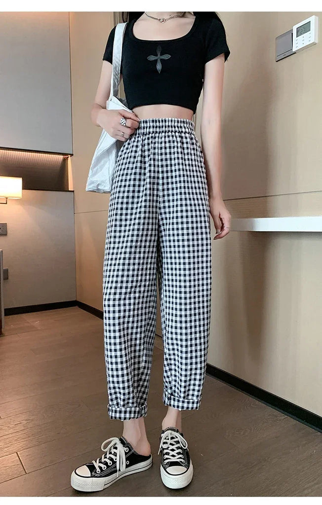 New Women's Checkered Cotton Hemp High Waist Casual Haren Pants Summer Korean Fashion Loose Women Seven Split Wide Leg Pants