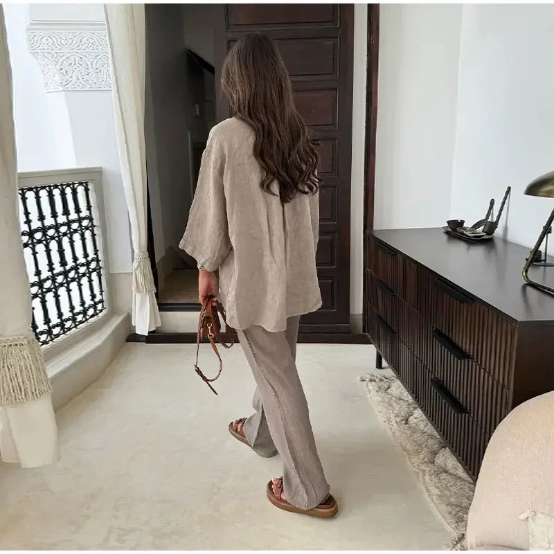 Causal Linen With Pocket Shirt Pants Suits Women Wide Leg Pants Long Sleeves Shirt Sets Ladies Loose High Street 2 Piece Outfits