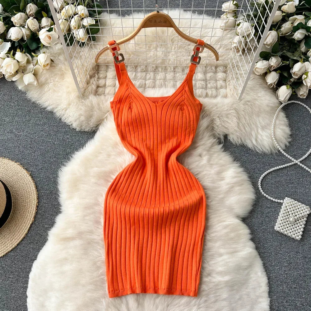 Knitted Summer Women Solid Dress 2024 Slim V Neck Elegant Sexy Vacation Fashion Ladies A Line Midi Dresses