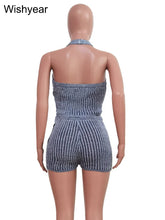 Load image into Gallery viewer, Beach Party Two Piece Set Women Ribbed Knitted Halter Backless Corset Camisole Top and Drawstring Shorts Sexy Night Club Outfits