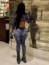 Load image into Gallery viewer, Weird Puss Sexy See Through Women 2 Piece Set Dragon Print Midnight Knot Low-Neck Crop Tops+Leggings Clubwear Matching Outfits