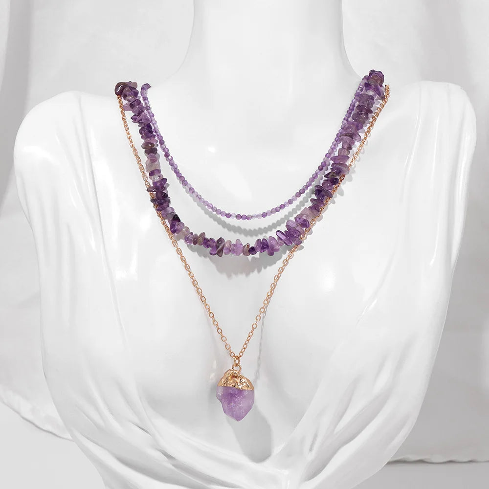 3Pcs/Lot Irregular Stone Necklaces Freeform Natural Stone Pendant Necklace Crystals Amethysts Necklace for Women Men Jewelry