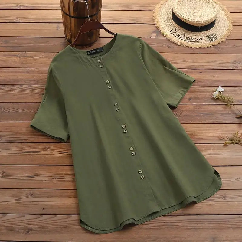 ZANZEA Summer Casual Loose Tunic Tops Women Vintage OL Shirt O Neck Short Sleeve Blouse Solid Cotton Blusas Buttons Down Chemise