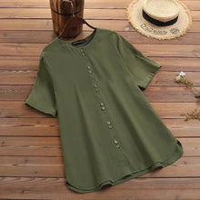 Load image into Gallery viewer, ZANZEA Summer Casual Loose Tunic Tops Women Vintage OL Shirt O Neck Short Sleeve Blouse Solid Cotton Blusas Buttons Down Chemise