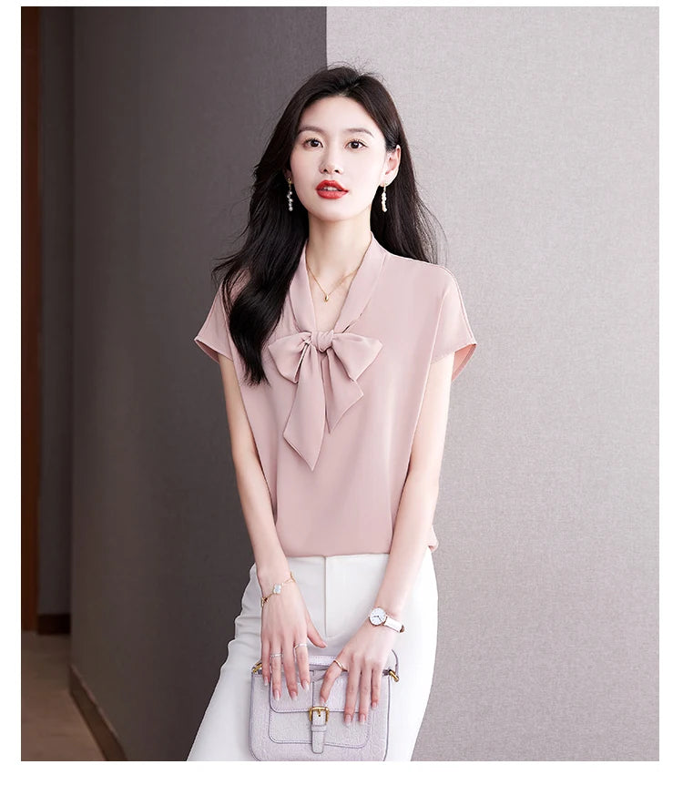 Bow Tie Blouse Shirt for Women OL Elegant Blouses Satin Womens Tops Silk Female Clothing 2023 Korean Fashion Short Sleeve Blouse