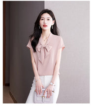 Load image into Gallery viewer, Bow Tie Blouse Shirt for Women OL Elegant Blouses Satin Womens Tops Silk Female Clothing 2023 Korean Fashion Short Sleeve Blouse