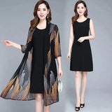 Women Chiffon Dress Set  Summer 2 Piece Set Fashion Sunscreen Cardigan Jacket Mother Elegant Lace Dress Suit Noble Femme 4XL