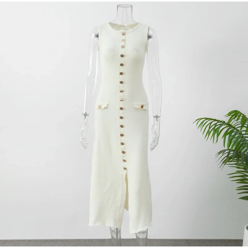 Elegant New Fake Pockets Knitted Long Dress Fashion Single Button Sleeveless O Neck Slim Dresses Summer Lady Commute Party Wear